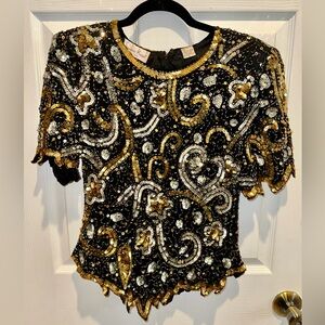 Lawrence Kazar Beaded Silk Top Black Gold Sequin Vintage Size L